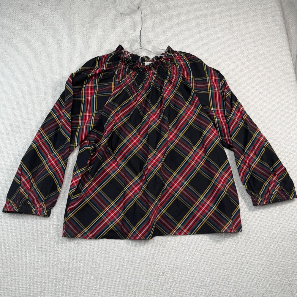 J.Crew Plaid Smocked Neck Blouse Black Red Stewart Tartan Long Sleeve Top M